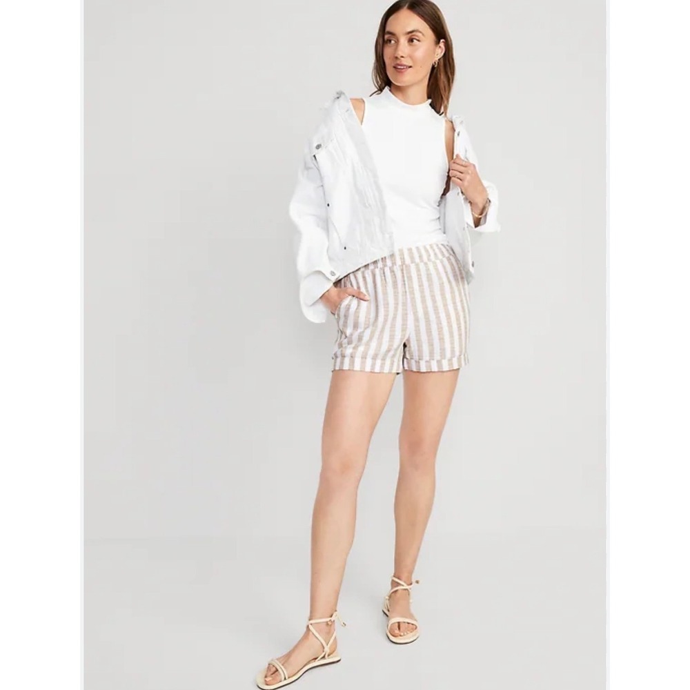 J.Crew Womens Tan White Striped Linen Blend Pull On Shorts Small High Rise